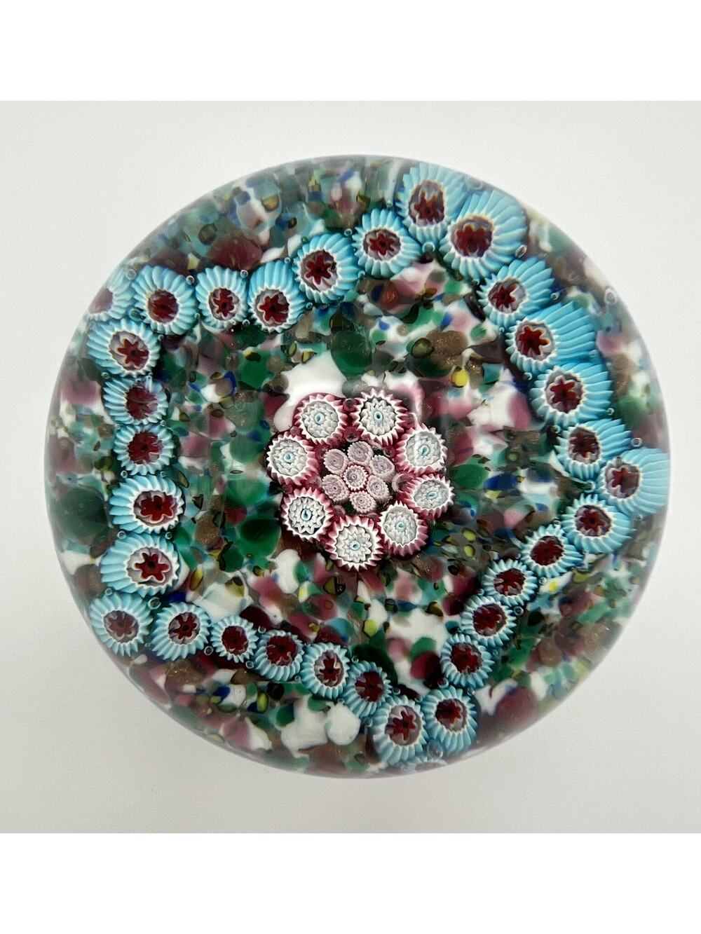 Murano Millefiori Aventurine Floral Art Glass Paperweight 3” Vintage Italy